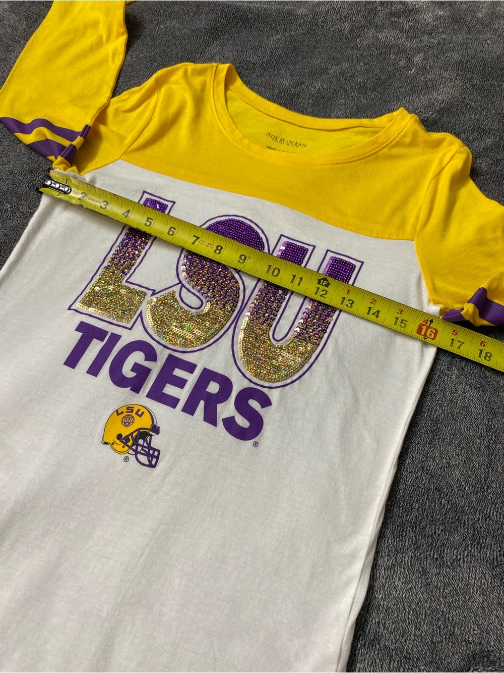 5th & Ocean LSU Tigers Sequin Long Sleeve Raglan Tee Jersey Yellow White Kids 16 - Picture 8 of 8